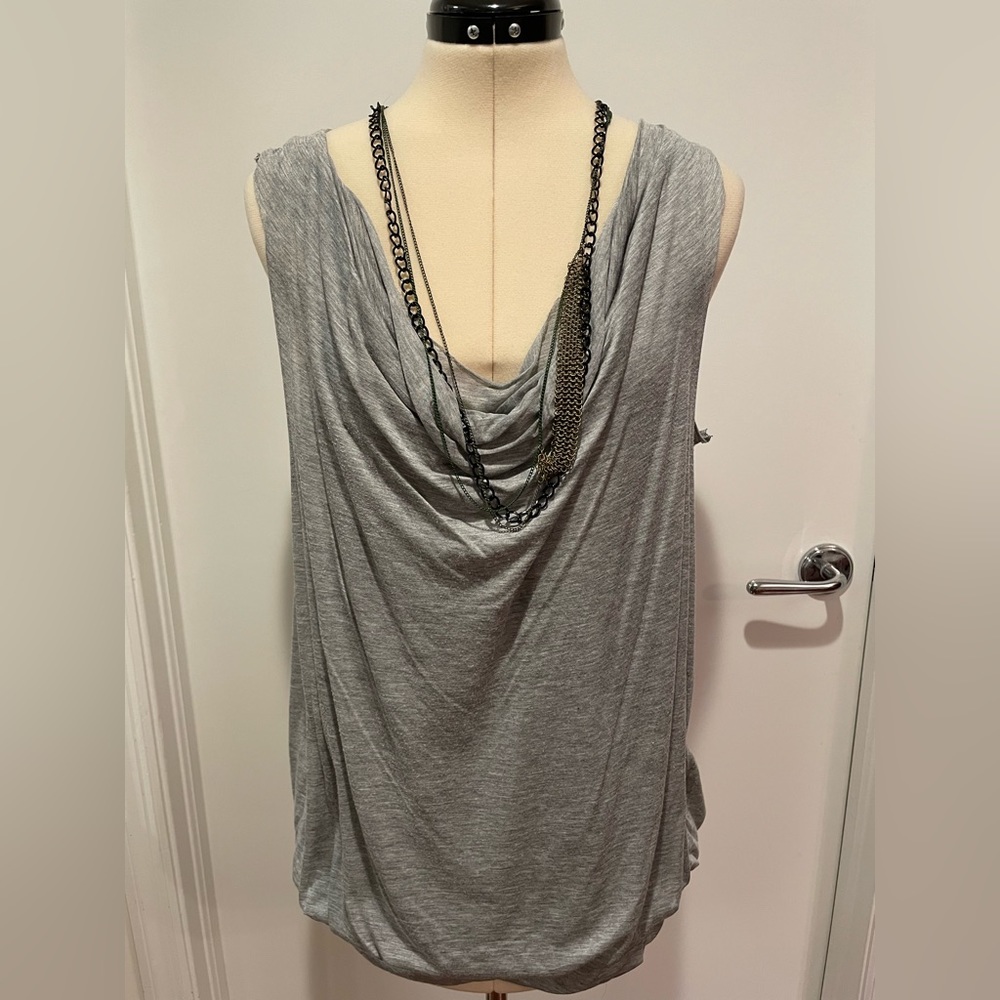 Yigal Azrouel Grey Top with Bubble Hem and Attached Neclace Chain.